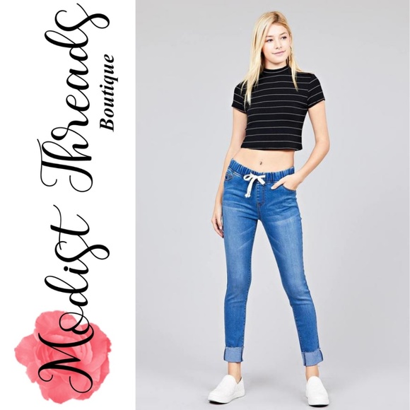 Drawstring Roll Cuff Washed Denim Skinny Pants - Picture 1 of 4